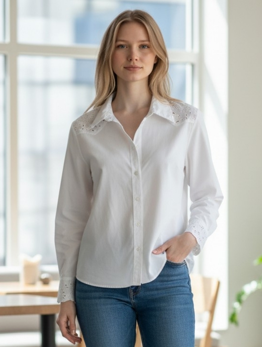 Lucky Brand White Eyelet Yoke Button-Down Shirt